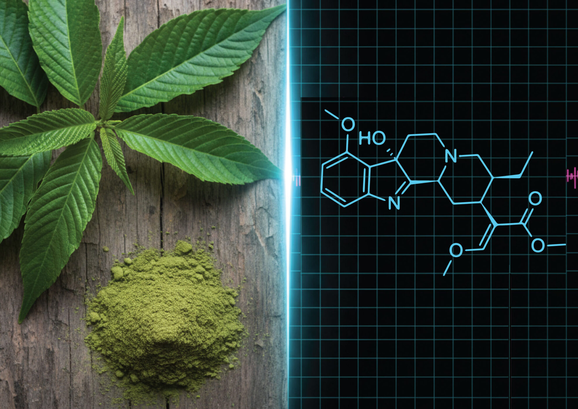 Fresh green leaves and a pile of green powder on a wooden surface are shown on the left, with a glowing chemical structure diagram displayed on a dark grid background on the right.
