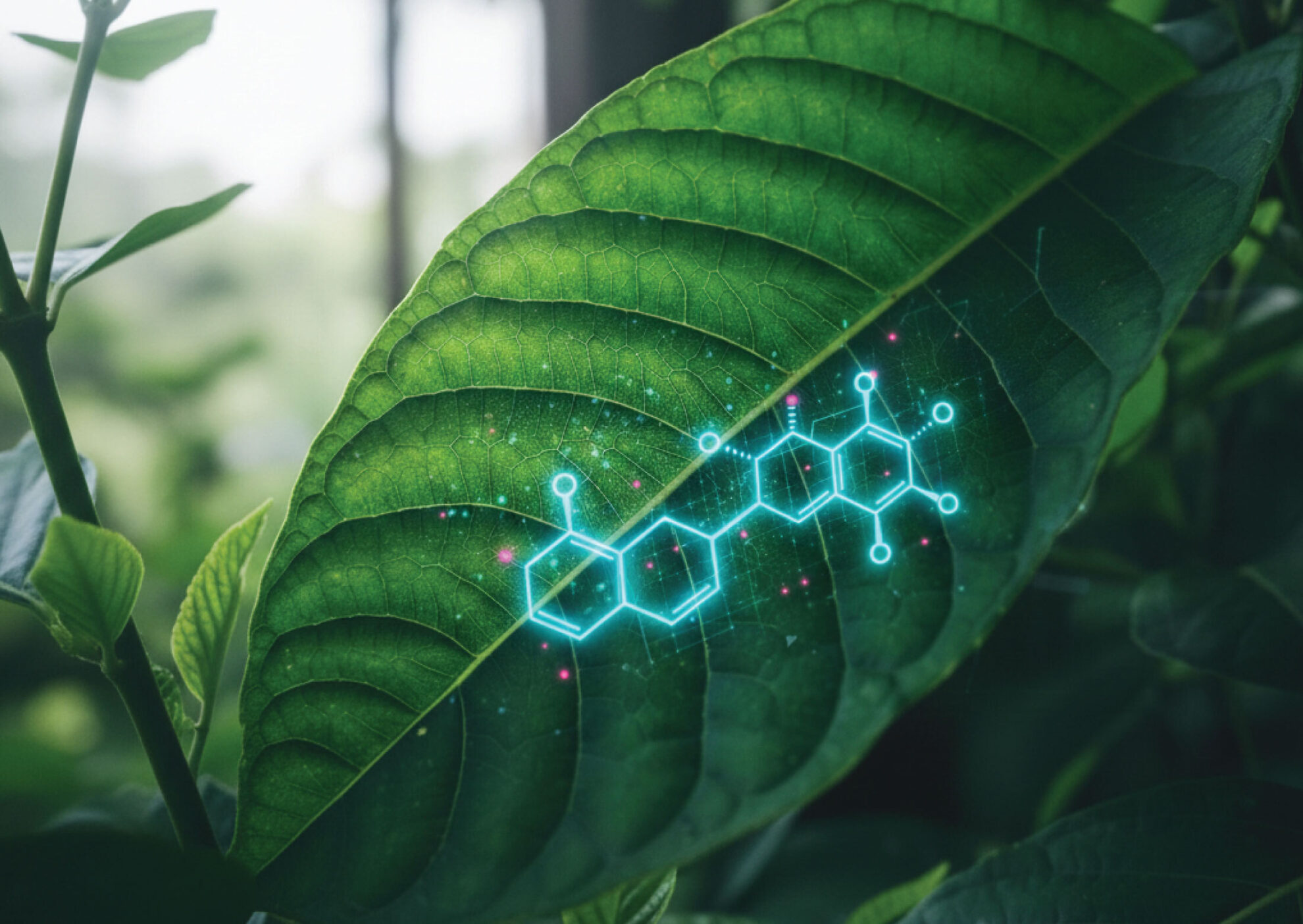 A close-up of a green leaf with a glowing blue chemical structure digitally superimposed on its surface, suggesting a connection between nature and science or biotechnology.