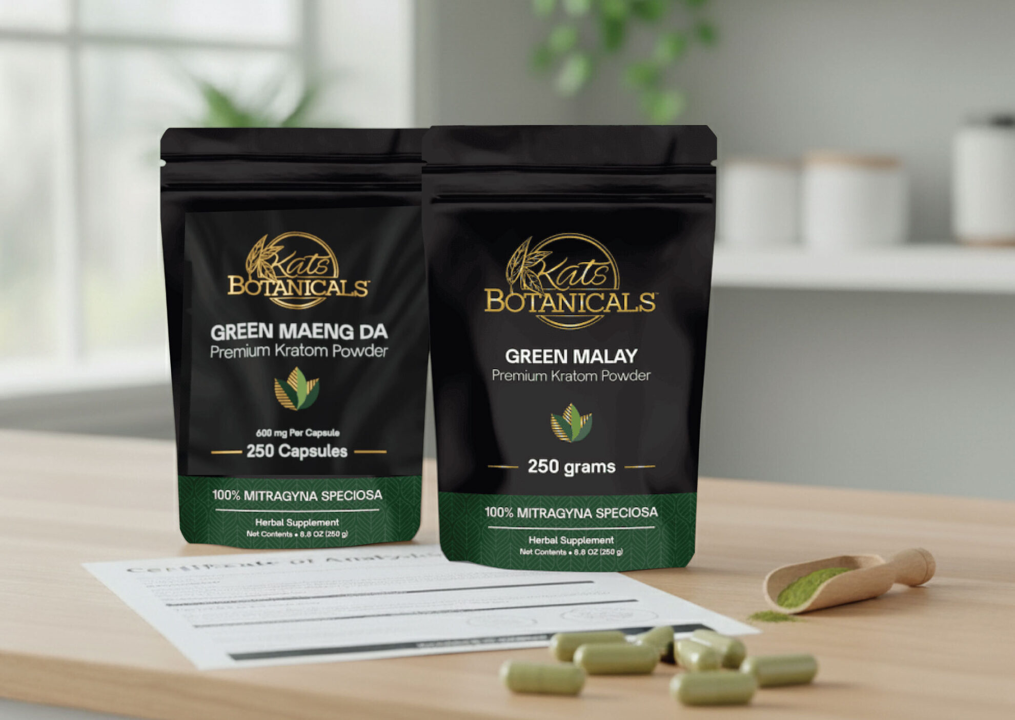 Two black bags of Kats Botanicals kratom powder (Green Maeng Da and Green Malay) are on a table, with green capsules, an open capsule, a wooden scoop with powder, and a paper form nearby.