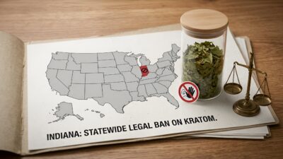Map of the United States with Indiana highlighted in red with a prohibition symbol, next to a jar of dried leaves and a set of scales, with the text Indiana: Statewide legal ban on kratom.