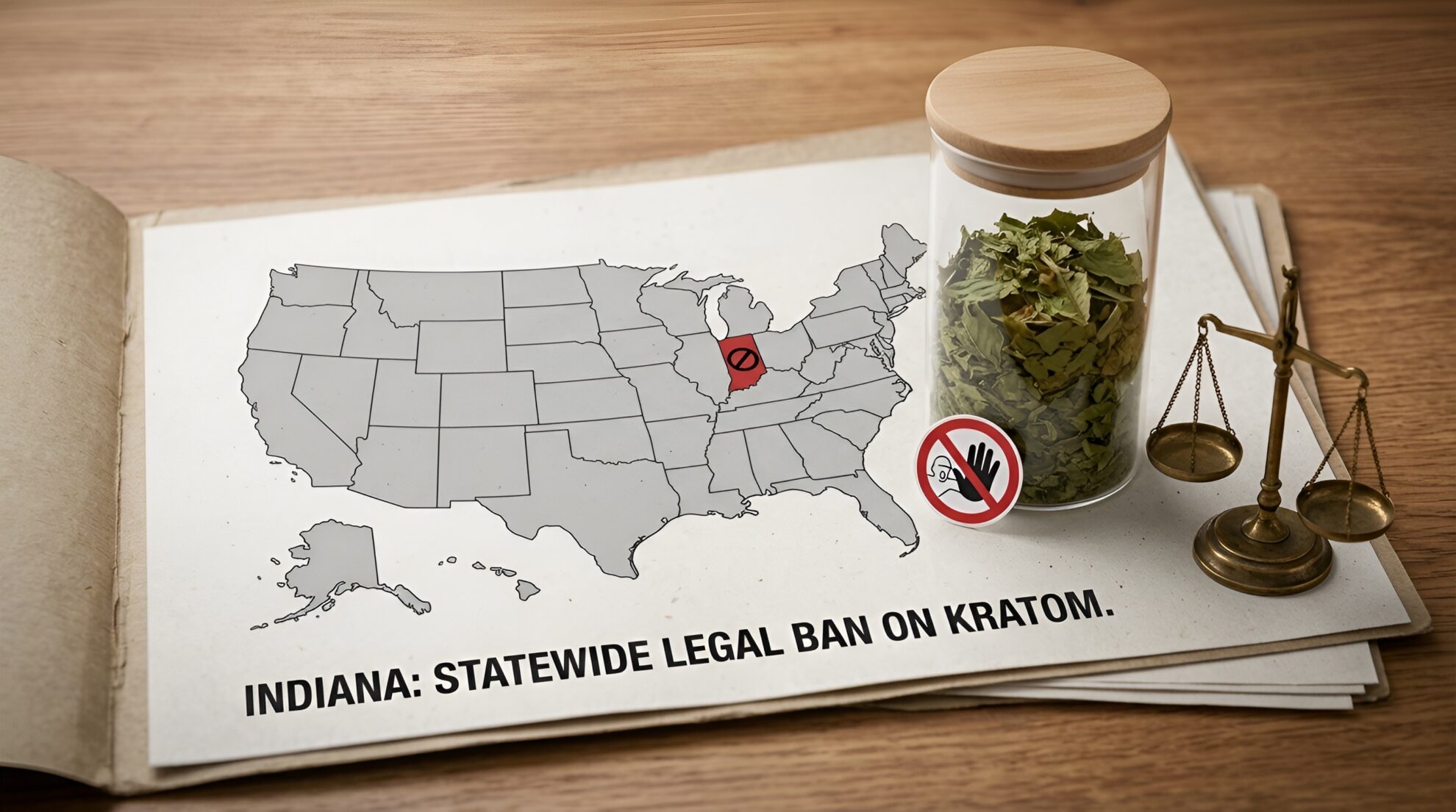 Map of the United States with Indiana highlighted in red with a prohibition symbol, next to a jar of dried leaves and a set of scales, with the text Indiana: Statewide legal ban on kratom.