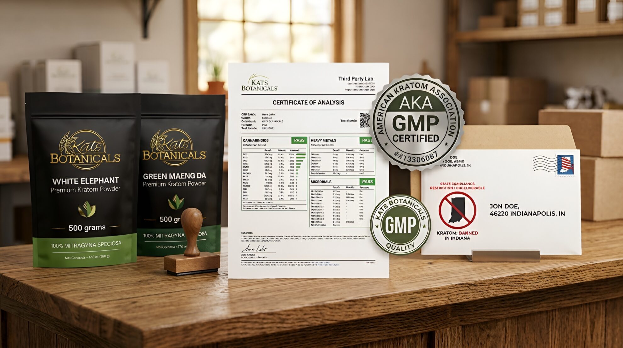 Two bags of Kats Botanicals kratom powder, a certificate of analysis, a wooden stamp, and an envelope addressed to Indianapolis with an American Kratom Association GMP certified seal.
