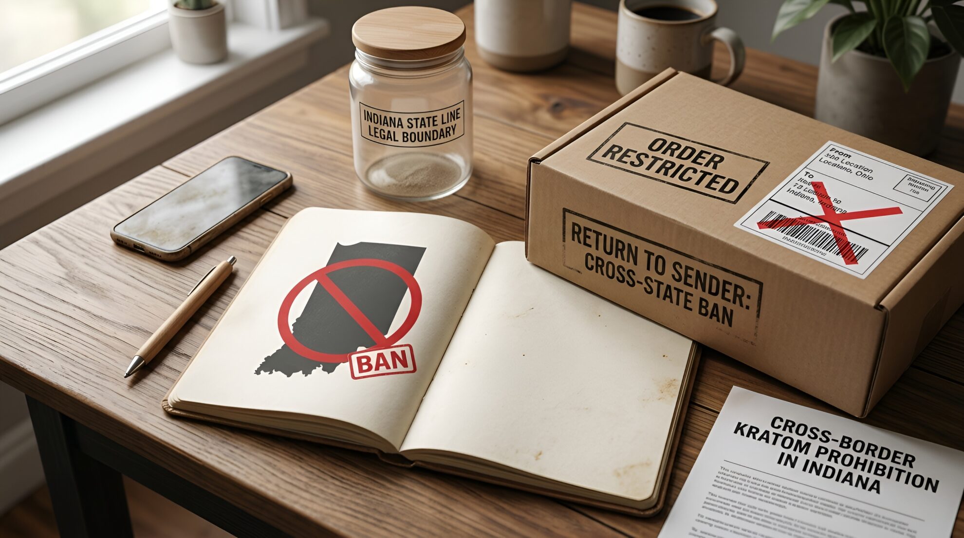 An open notebook with an illustration of Indiana marked with a red ban symbol, sitting next to a package labeled Order Restricted and Return to Sender: Cross-State Ban.