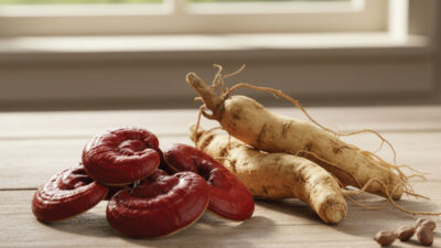 A cluster of red Reishi mushrooms and several ginseng roots are displayed on a wooden surface, with a window and green foliage softly blurred in the background.