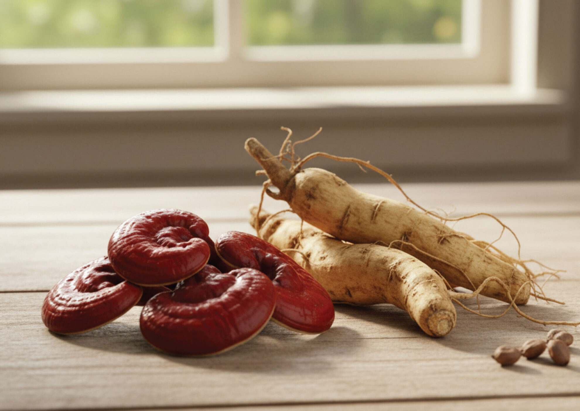 A cluster of red Reishi mushrooms and several ginseng roots are displayed on a wooden surface, with a window and green foliage softly blurred in the background.