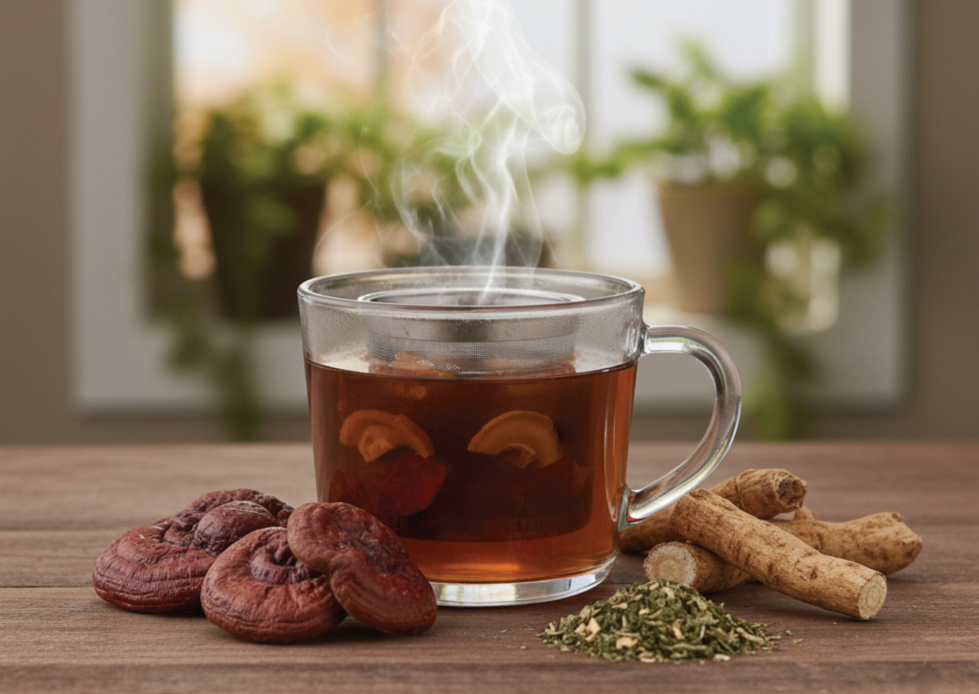 A steaming glass mug of herbal tea sits on a wooden table, surrounded by dried mushrooms, ginseng roots, and loose tea leaves. Green potted plants are blurred in the background near a window.