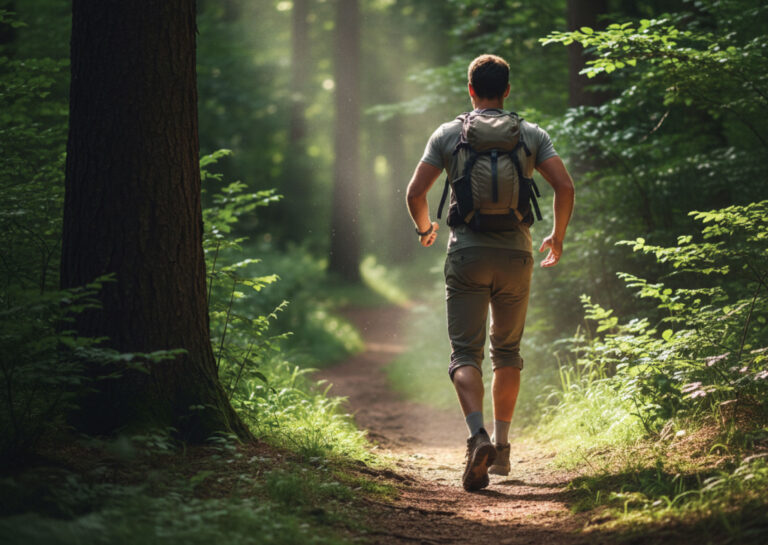 A person with a backpack jogs along a sunlit dirt trail in a lush green forest, surrounded by tall trees and dense foliage.