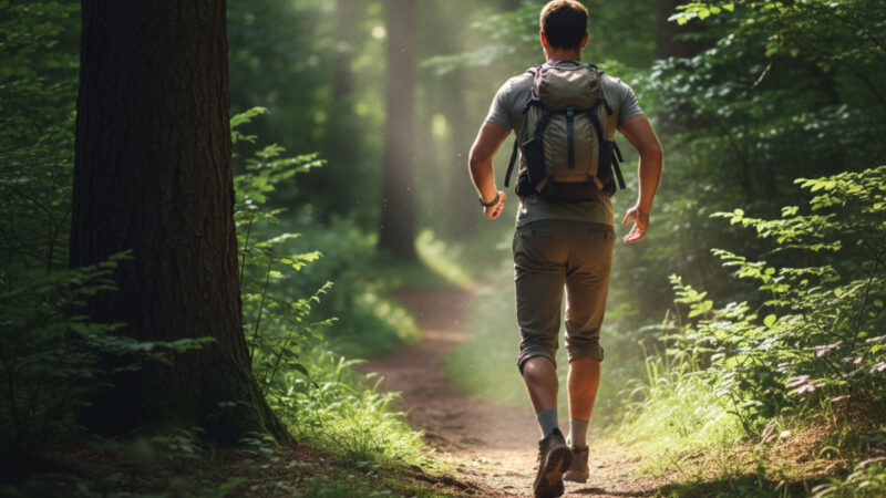 A person with a backpack jogs along a sunlit dirt trail in a lush green forest, surrounded by tall trees and dense foliage.