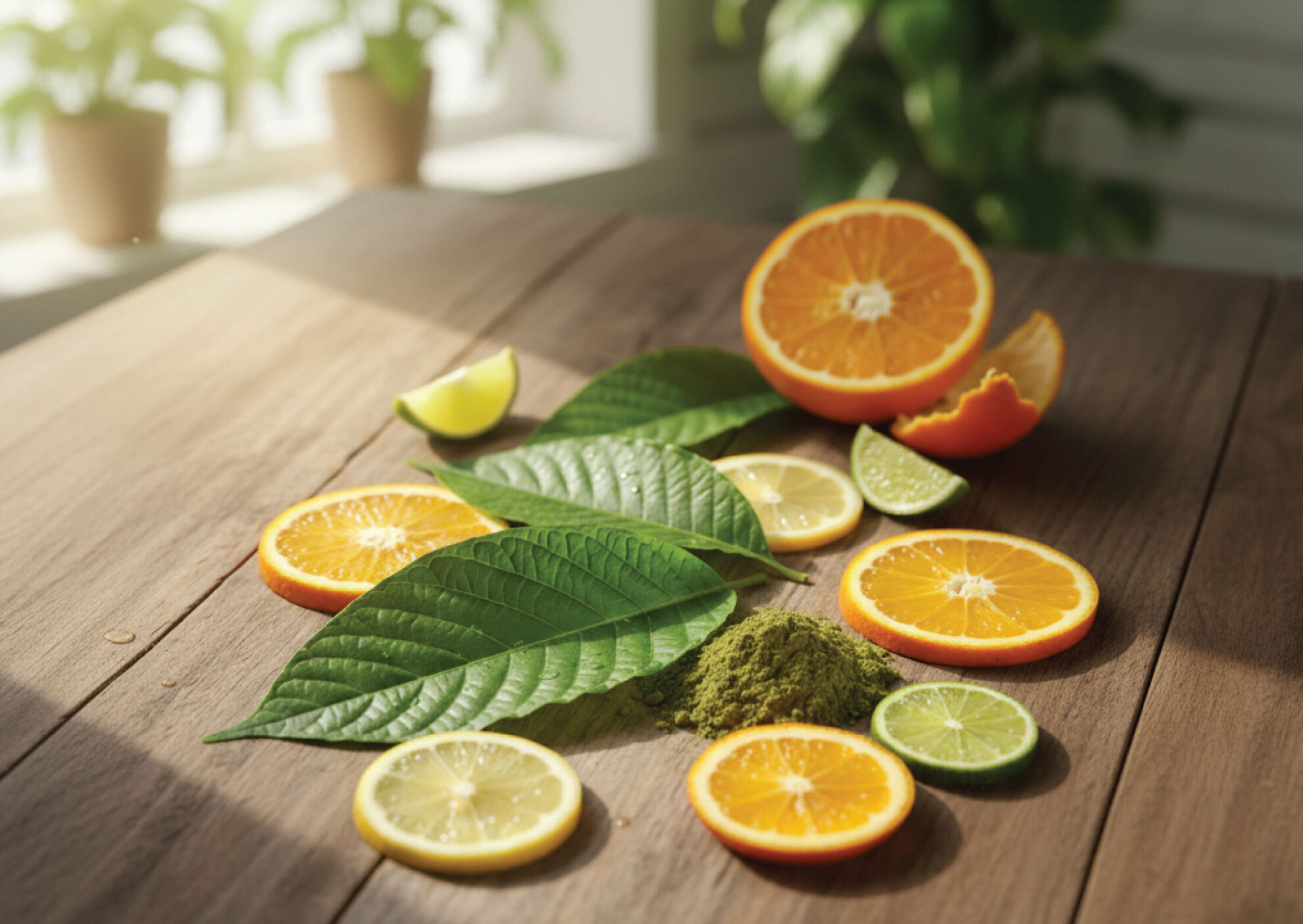 Slices of orange, lemon, and lime are arranged with green leaves and a small pile of green powder on a wooden table, with sunlight streaming in and plants blurred in the background.