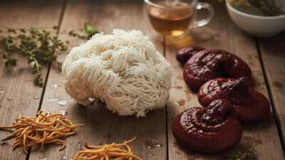 A cluster of white lion’s mane mushrooms, three reddish-brown reishi mushrooms, dried cordyceps, herbs, and a steaming cup of tea are arranged on a rustic wooden table.