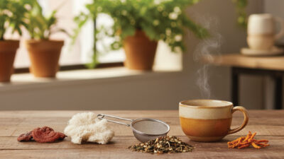 A steaming cup sits on a wooden table beside loose tea leaves, a metal strainer, a white cloth, dried fruit, and orange botanicals, with potted plants visible in the blurred background.