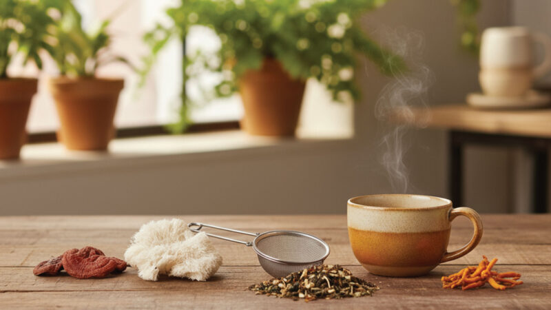 A steaming cup sits on a wooden table beside loose tea leaves, a metal strainer, a white cloth, dried fruit, and orange botanicals, with potted plants visible in the blurred background.