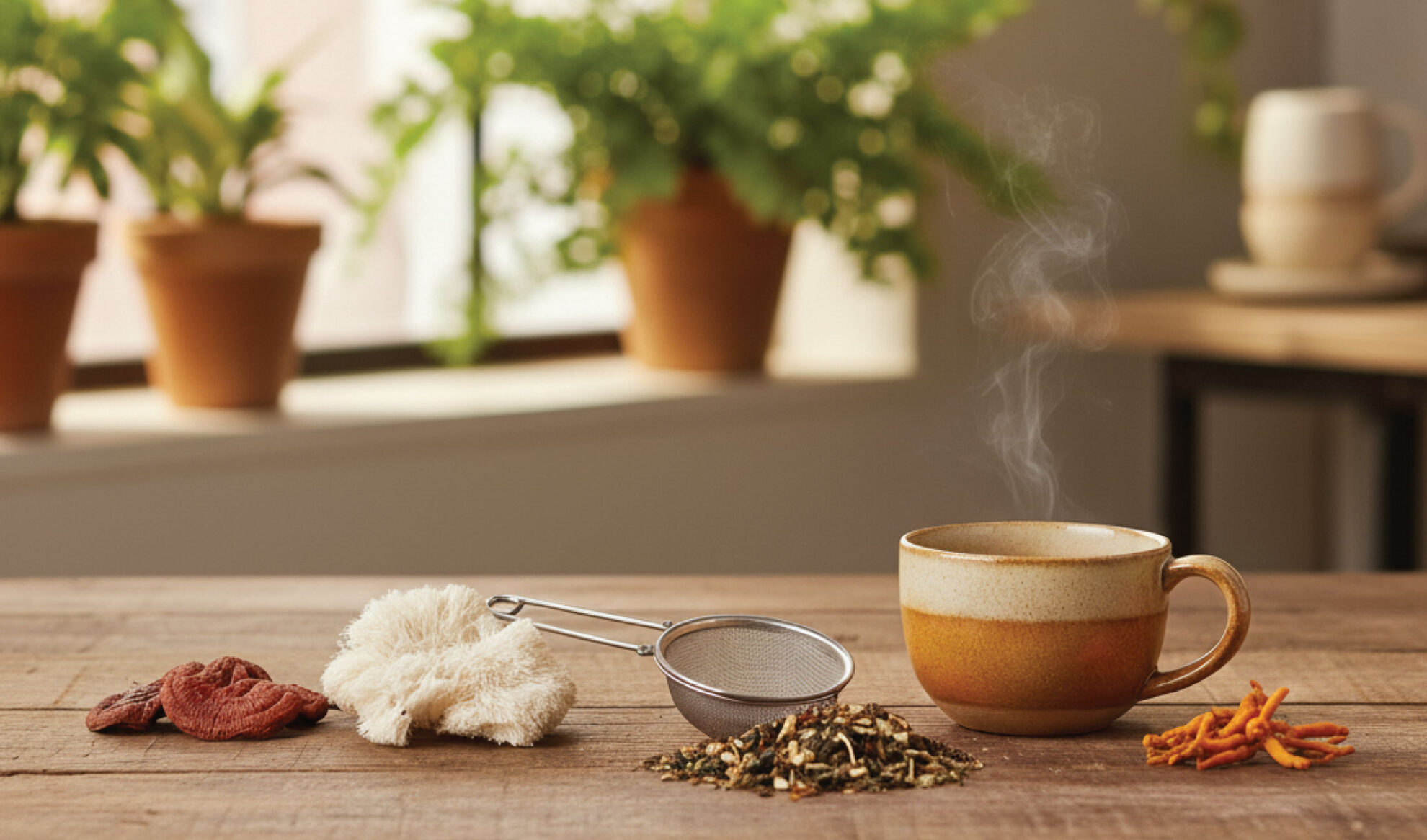 A steaming cup sits on a wooden table beside loose tea leaves, a metal strainer, a white cloth, dried fruit, and orange botanicals, with potted plants visible in the blurred background.