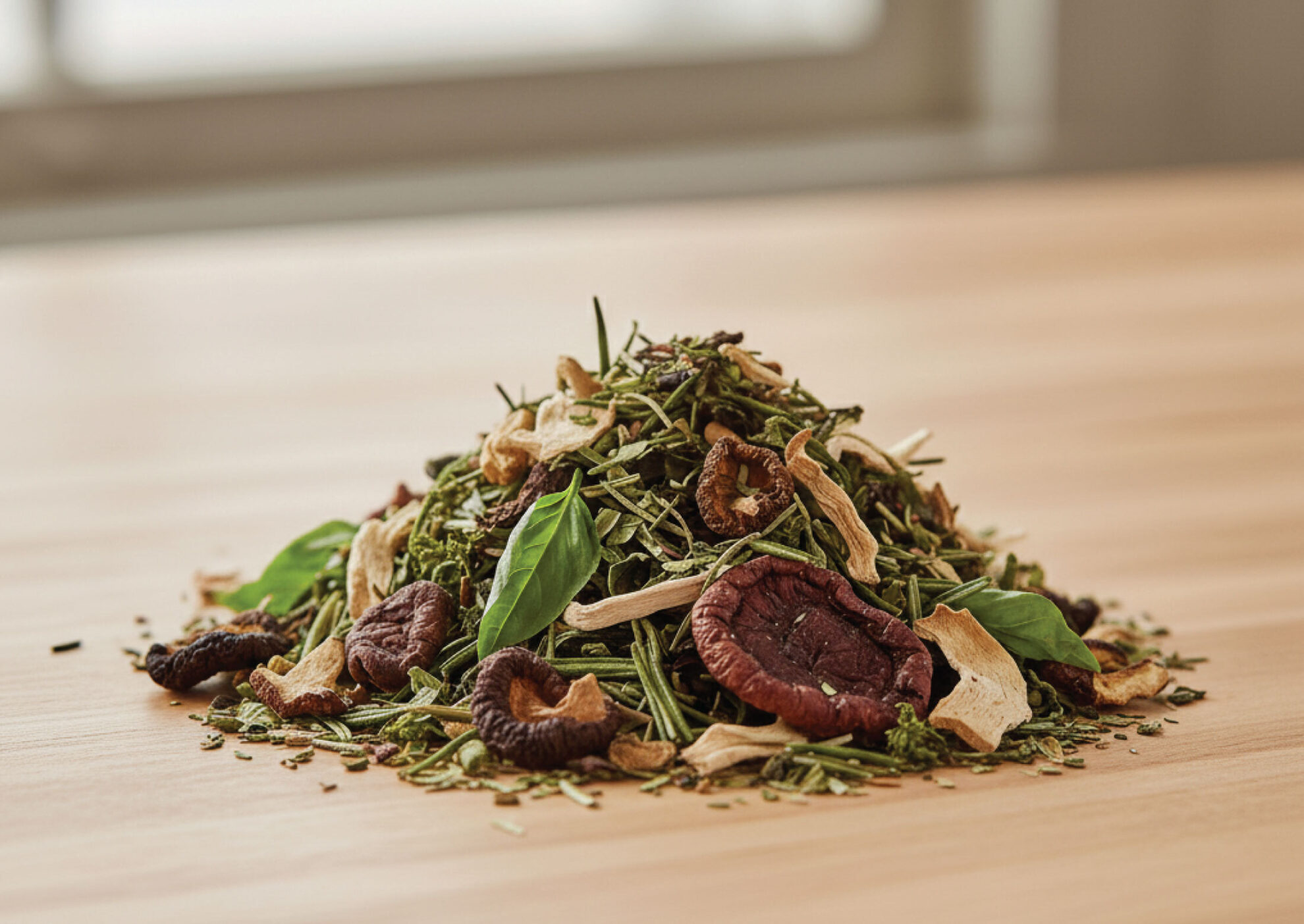 A pile of dried herbs, mushrooms, and leafy greens sits on a light wooden surface, with a blurred window in the background.