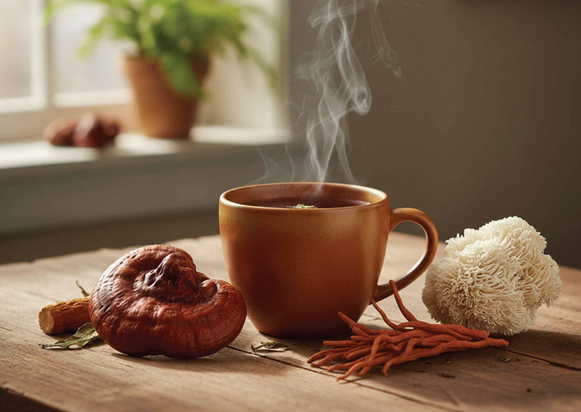 A steaming mug of tea sits on a wooden table next to various medicinal mushrooms, including reishi, cordyceps, and lion’s mane, with a potted plant and sunlight in the background.