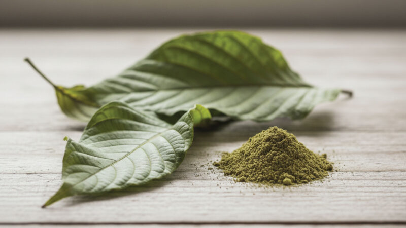 Two green leaves rest on a wooden surface next to a small pile of greenish-brown powder. The scene is well-lit with a soft, natural light.