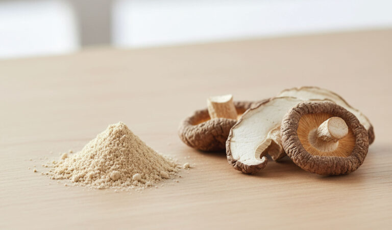 A small pile of beige mushroom powder sits next to several slices of dried shiitake mushrooms on a light wooden surface, with a blurred background.