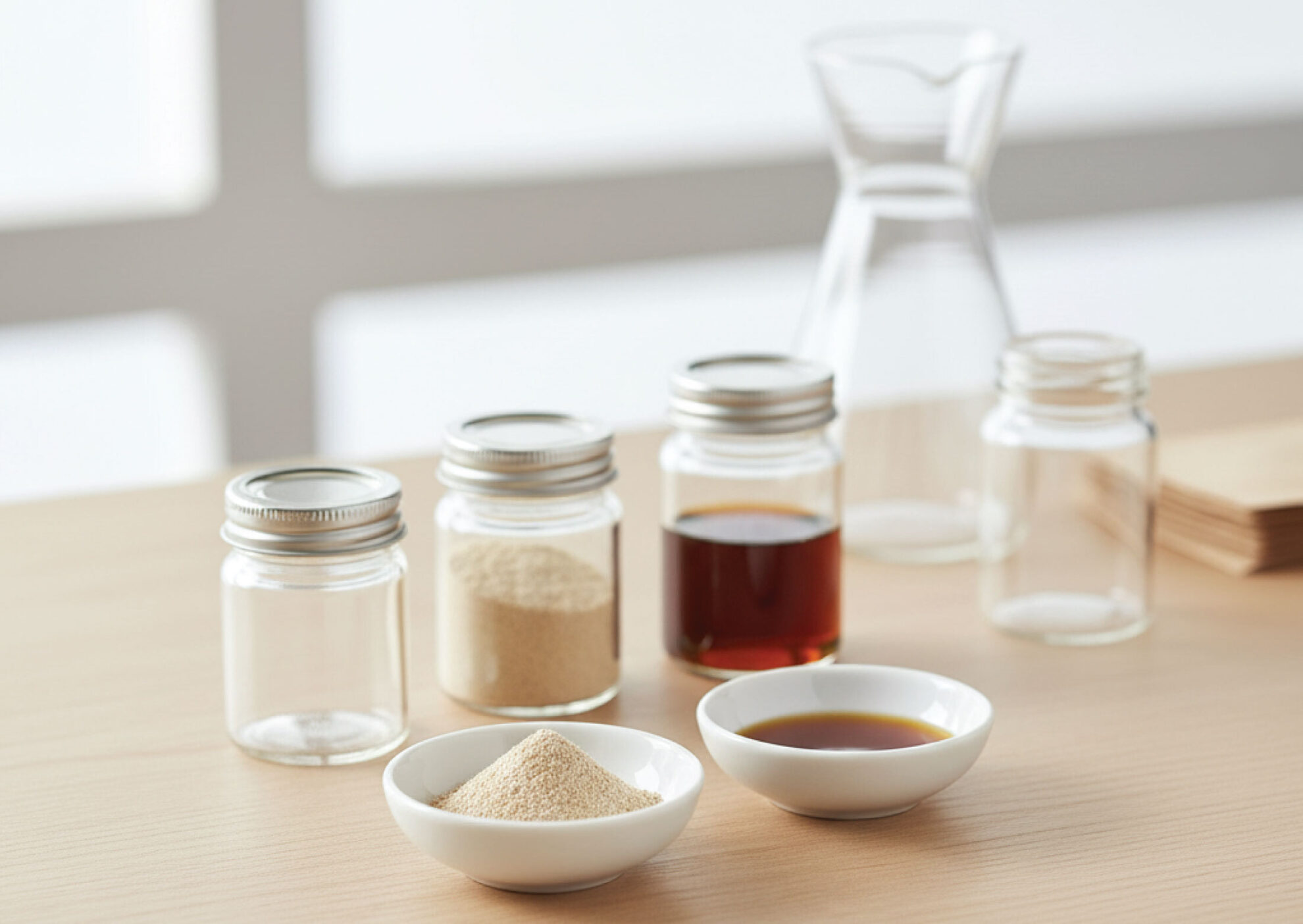 Several small glass jars with metal lids, some filled with powder and liquid, are on a light wooden table. In front, two small bowls contain powder and a brown liquid. A glass carafe and empty jar are in the background.