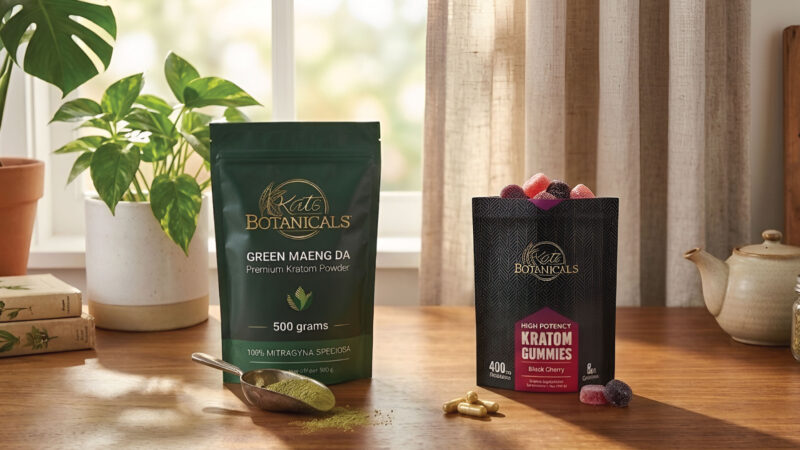 Two Krats Botanicals products, Green Maeng Da powder and Kratom Gummies, are displayed on a wooden table with a teapot, mug, and indoor plants in a sunlit room.