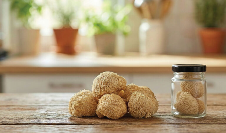 Several lions mane mushrooms are placed on a wooden table beside a glass jar containing two more mushrooms, with a kitchen and potted plants blurred in the background.