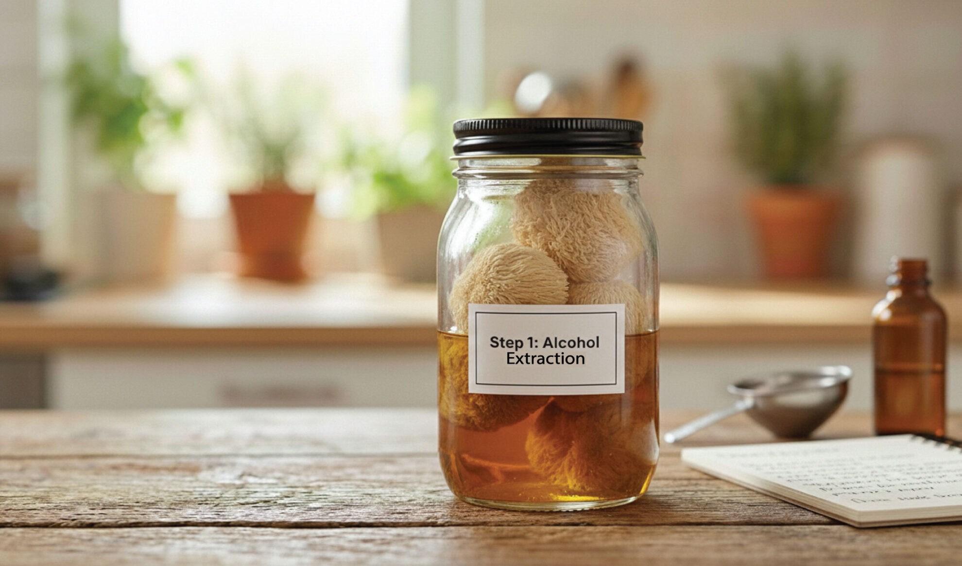 A glass jar labeled Step 1: Alcohol Extraction contains tan, sponge-like mushrooms soaking in an amber liquid on a wooden kitchen counter, with blurred plants and utensils in the background.