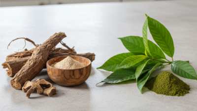 A wooden bowl with a light powder sits next to dried roots on the left, while fresh green leaves and a small pile of green powder are on the right, all arranged on a light-colored surface.