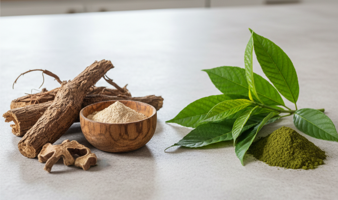 A wooden bowl with a light powder sits next to dried roots on the left, while fresh green leaves and a small pile of green powder are on the right, all arranged on a light-colored surface.