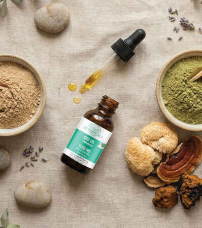 A flat lay of natural supplements: two bowls of powders with wooden scoops, a dropper bottle of CBD oil, loose mushrooms, capsules in a small jar, dried leaves, and smooth stones on a neutral fabric background.
