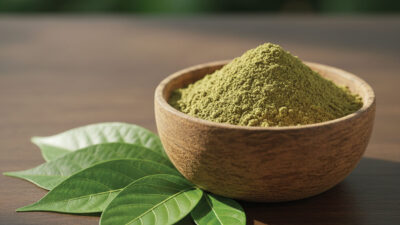 A wooden bowl filled with green powder sits on a wooden surface, next to several fresh green leaves. The background is softly blurred with natural light.