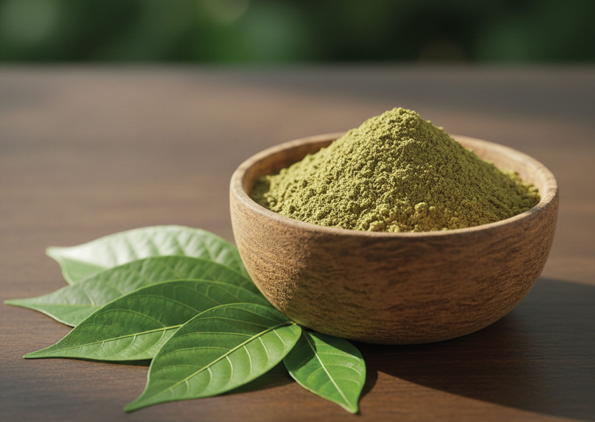 A wooden bowl filled with green powder sits on a wooden surface, next to several fresh green leaves. The background is softly blurred with natural light.