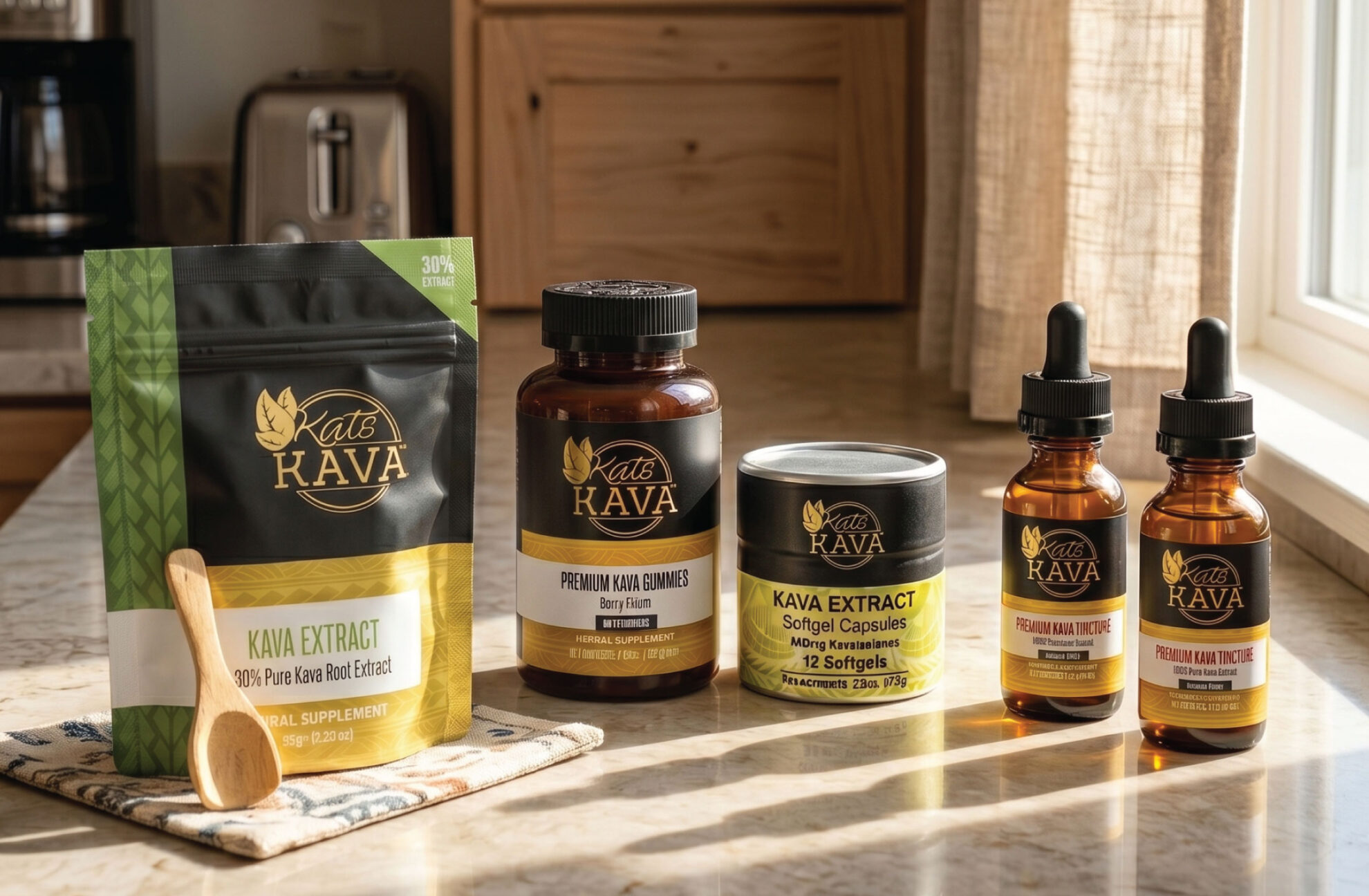 Various Kava extract products, including powder, capsules, softgels, and liquid drops, are displayed on a kitchen counter next to a wooden spoon. Bright sunlight streams in through a nearby window.