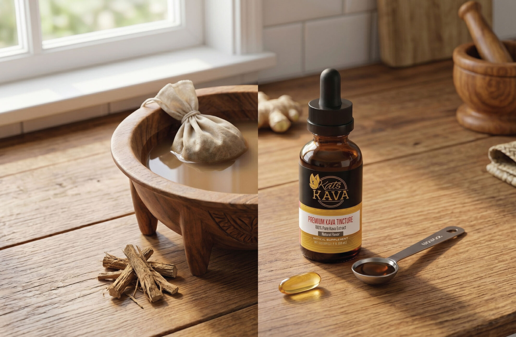 A bottle of kava tincture with a dropper sits on a wooden counter next to a wooden bowl of prepared kava, a measuring spoon, two capsules, wooden utensils, and kava root sticks. Sunlight streams through a nearby window.