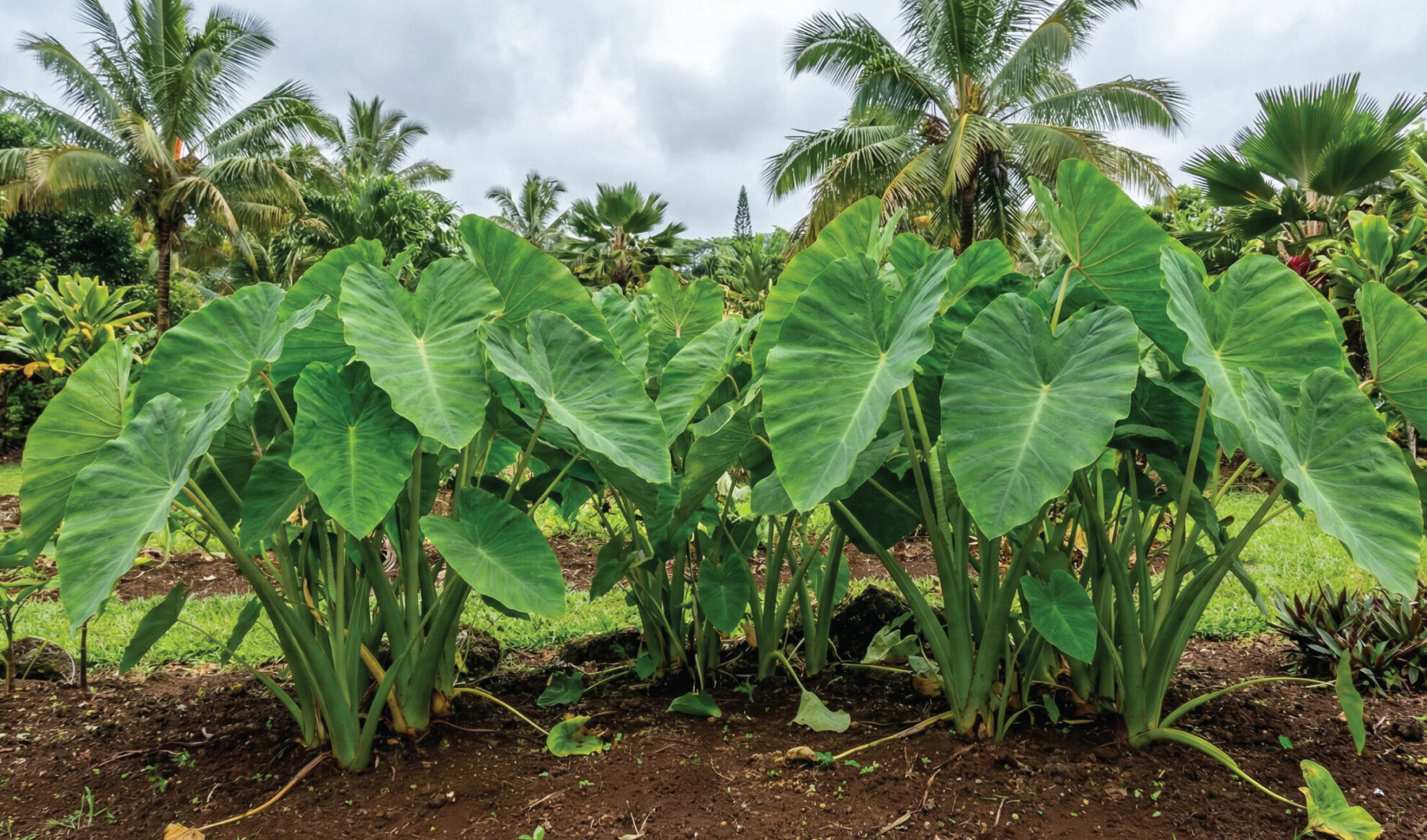 Large green taro plants with broad, heart-shaped leaves grow in rich soil, surrounded by lush tropical vegetation and palm trees under a cloudy sky.