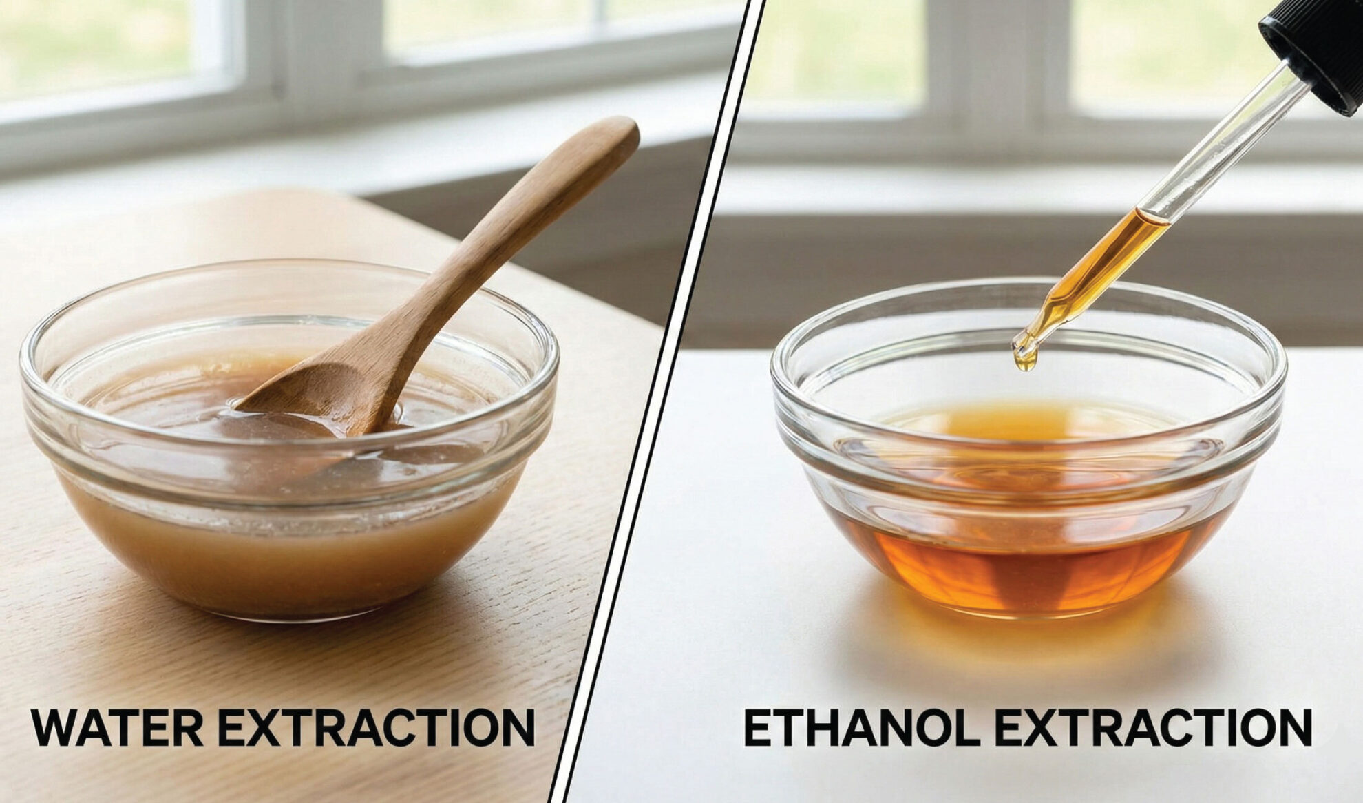 A split image shows two glass bowls: one with a cloudy brown liquid and a wooden spoon labeled Water Extraction, and another with a clear amber liquid and a dropper labeled Ethanol Extraction.
