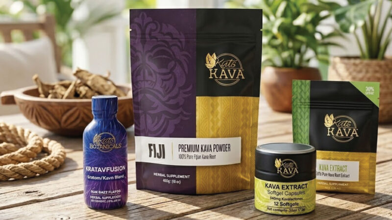 Four Kava products displayed on a wooden table: a blue bottle, a purple and gold bag, a small yellow and black tin, and a green packet, with bowls and plants in the background.