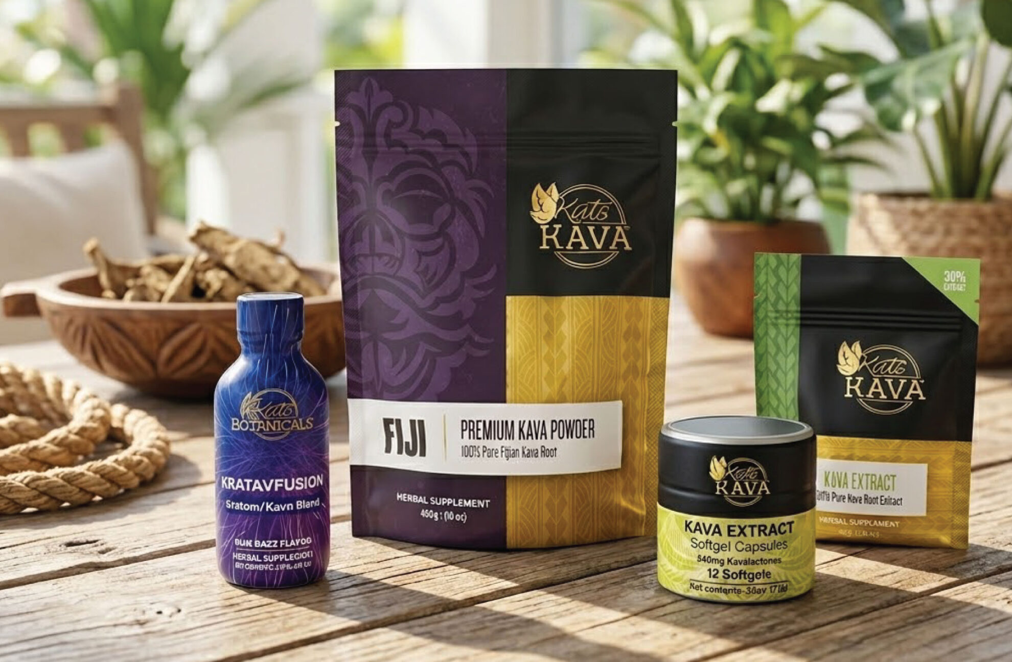 Four Kava products displayed on a wooden table: a blue bottle, a purple and gold bag, a small yellow and black tin, and a green packet, with bowls and plants in the background.