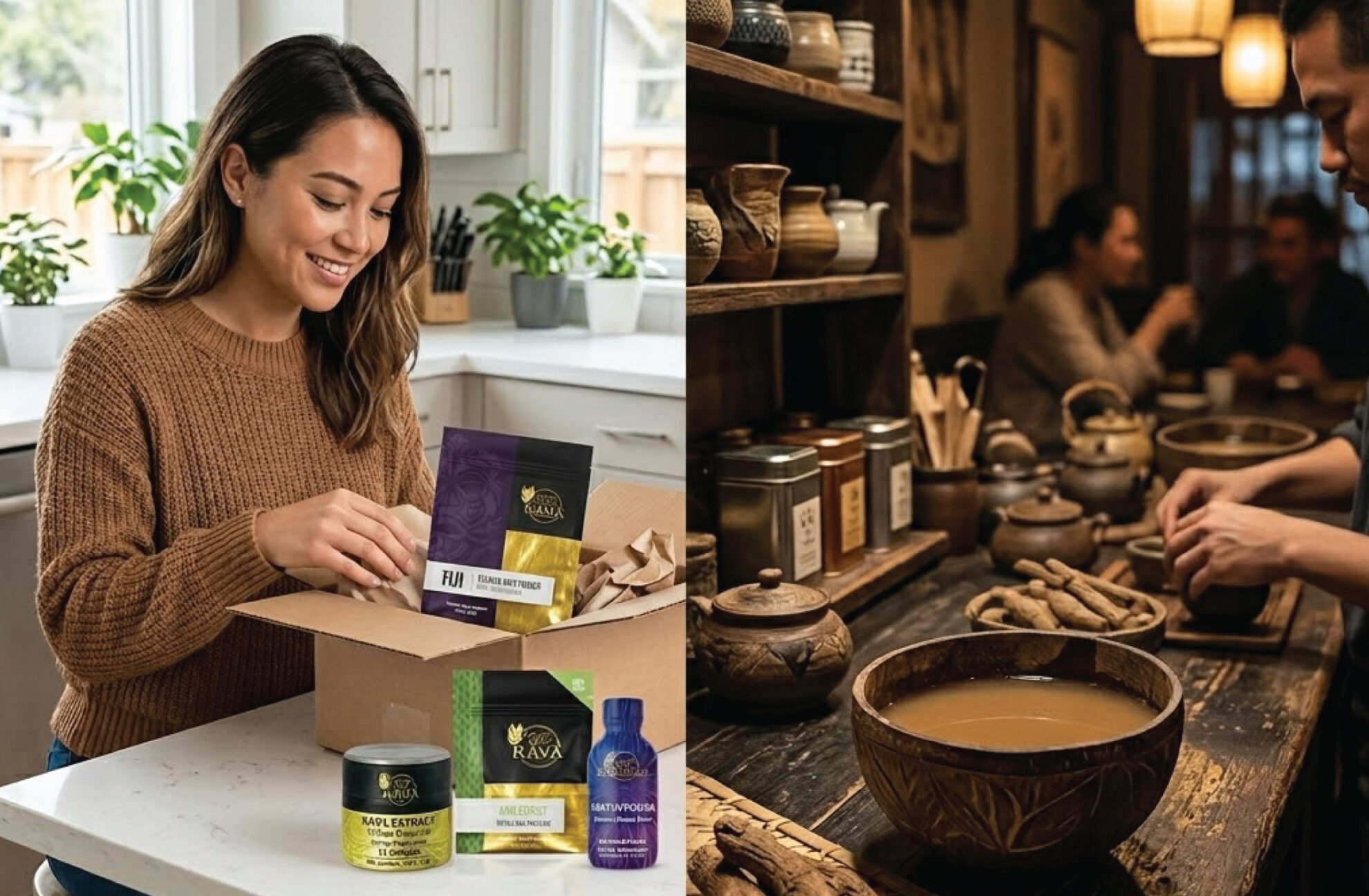 A woman smiles while unpacking herbal wellness products in a kitchen. Next to her, people enjoy tea and snacks in a cozy, rustic setting with wooden bowls and jars on a table.