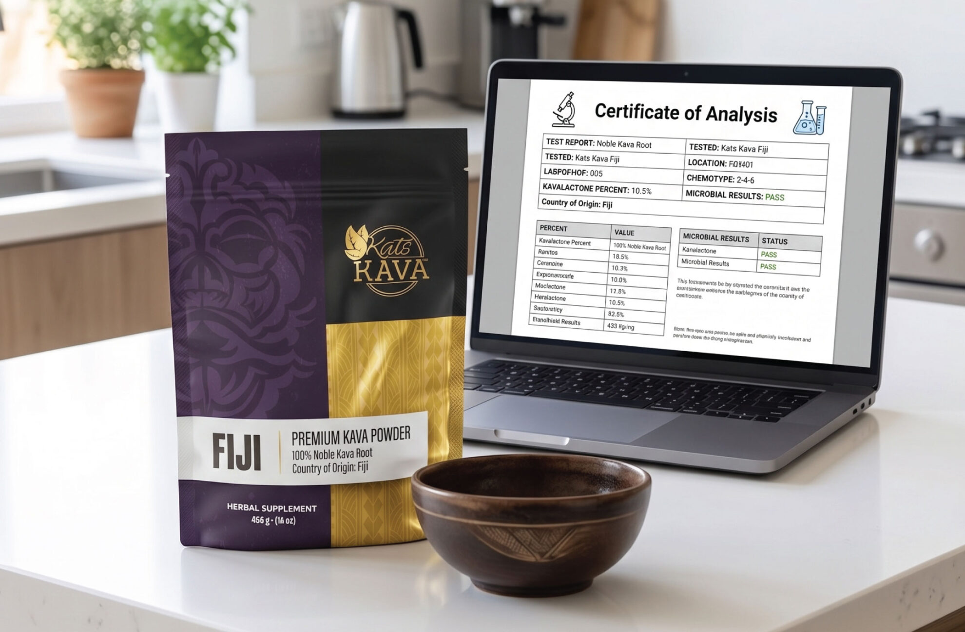 A pouch labeled Fiji Premium Kava Powder sits on a table next to a wooden bowl. Behind them, a laptop displays a Certificate of Analysis for kava root, showing test results and product details.