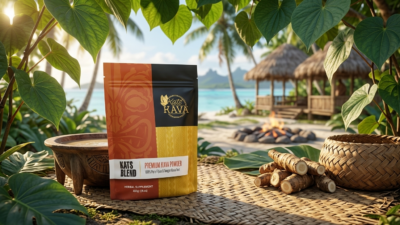 A pouch of Kate Kava Kats Blend premium kava powder sitting on a woven mat with kava root, a carved bowl, and a tropical beach background.