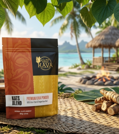 A pouch of Kate Kava Kats Blend premium kava powder sitting on a woven mat with kava root, a carved bowl, and a tropical beach background.