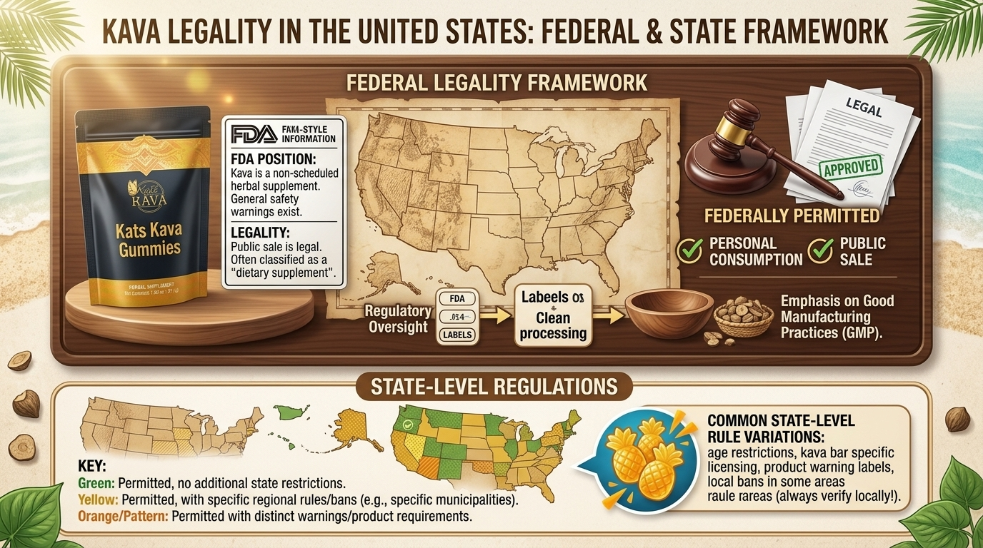 Infographic titled Kava Legality in the United States, showing federal legality framework, a map of U.S. state regulations, and key defining permitted status for kava by state.