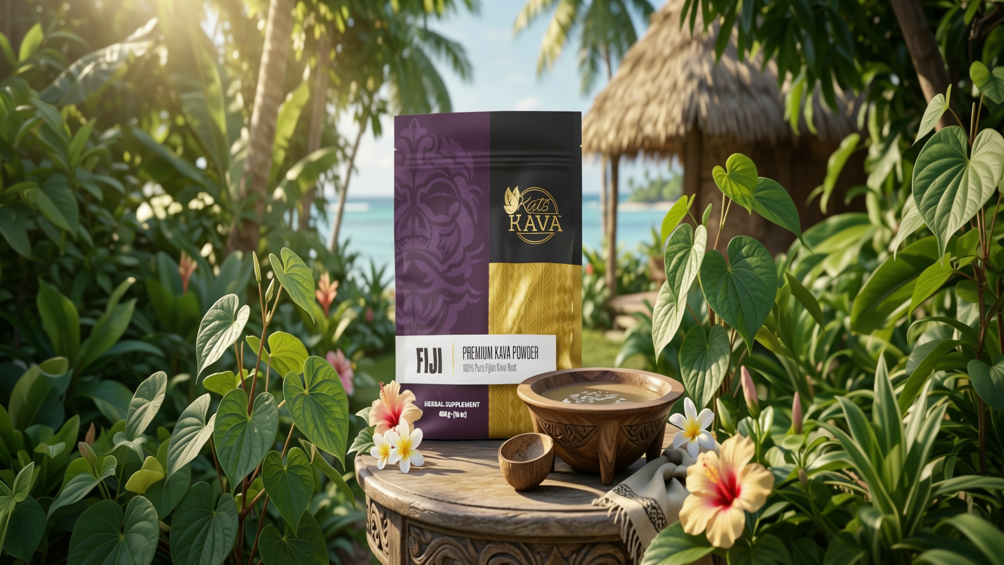 A pouch of Kats Kava premium kava powder next to a wooden bowl of kava on a table surrounded by tropical foliage.