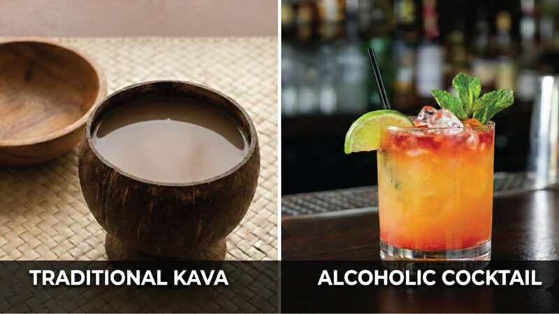 Split image: On the left, a wooden bowl of traditional kava sits on a woven mat. On the right, a colorful alcoholic cocktail with ice, a lime wedge, and mint is on a bar counter. Text labels each drink.