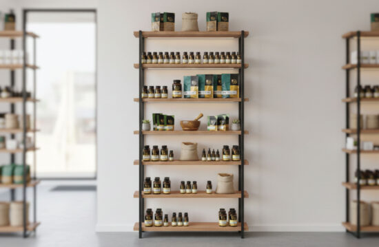 A wooden shelf with five levels displays neatly arranged bottles, boxes, and canvas bags of natural products in a bright, minimalist store interior.