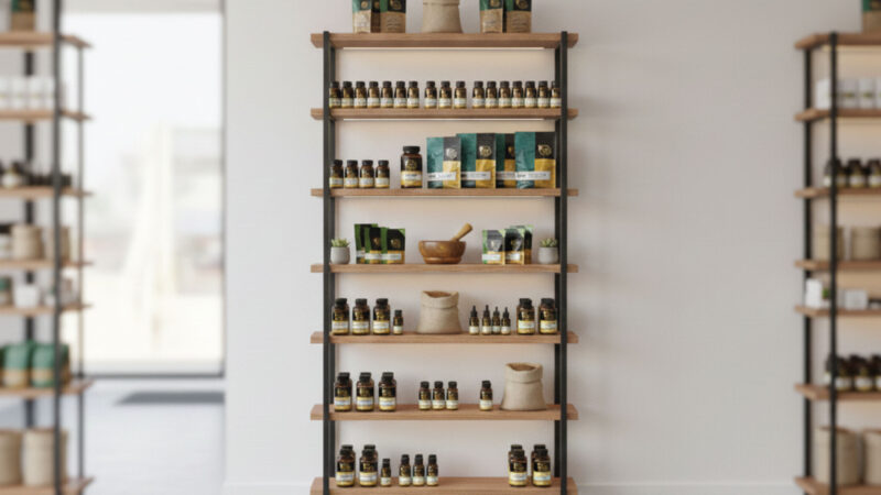 A wooden shelf with five levels displays neatly arranged bottles, boxes, and canvas bags of natural products in a bright, minimalist store interior.