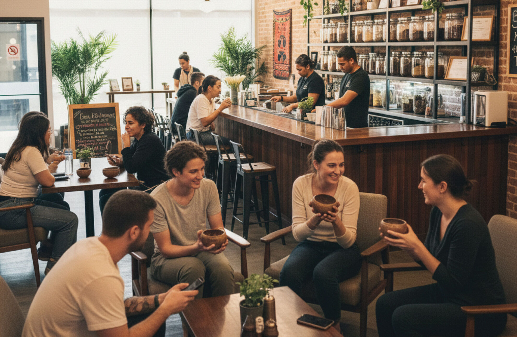 People sit in a cozy café, chatting and smiling over drinks. Baristas prepare beverages behind a wooden counter lined with jars. Plants and warm lighting create a welcoming, relaxed atmosphere.