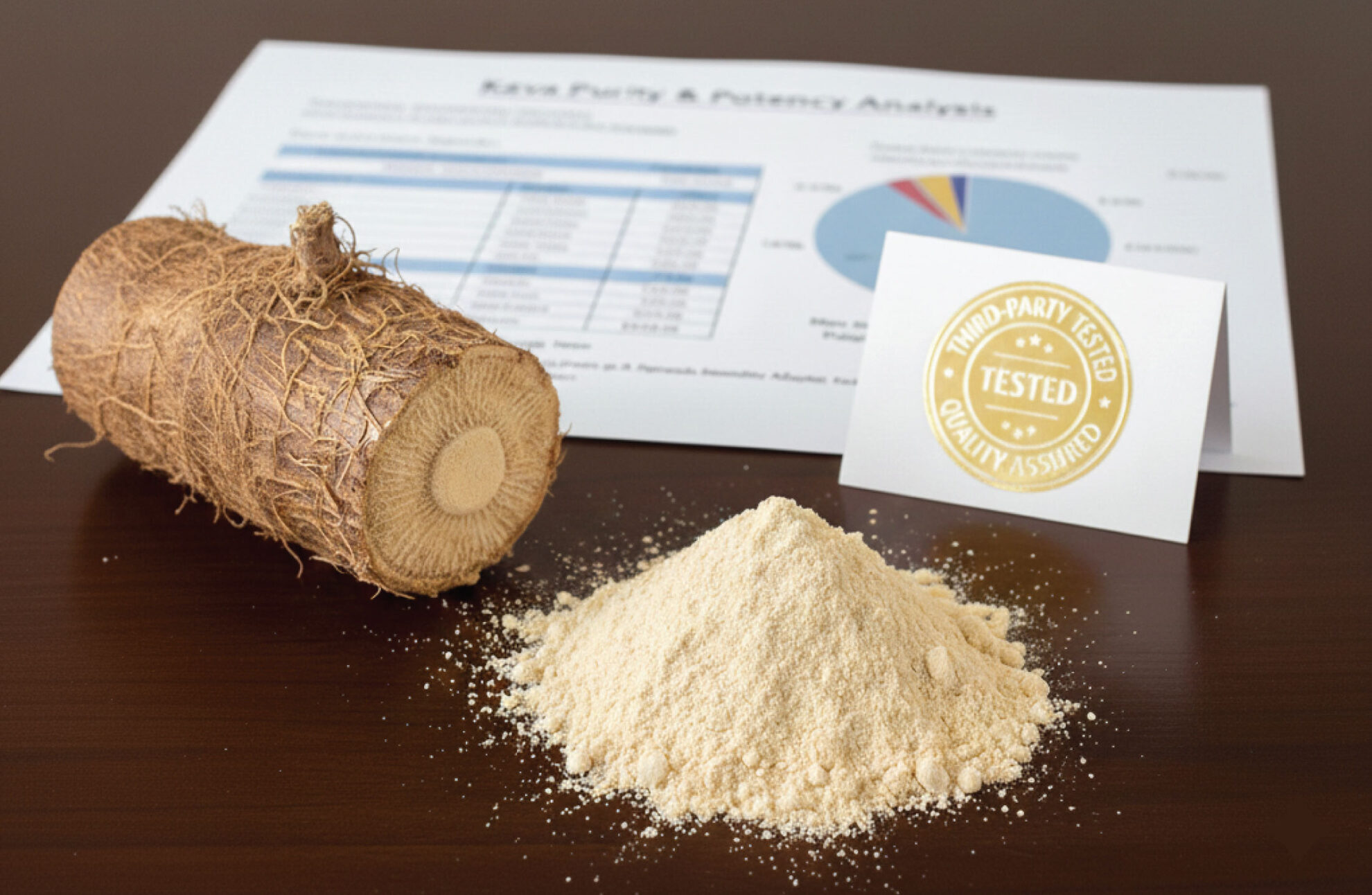  A kava root, a mound of kava powder, a tested quality assured card, and a lab report with charts and tables are displayed on a brown surface.