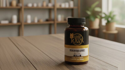 A bottle labeled Kate’s Kava Premium Kava Gummies, Berry Flavor sits on a wooden table. The background is softly blurred, showing shelves with jars and plants in a cozy room.