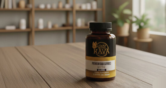 A bottle labeled Kate’s Kava Premium Kava Gummies, Berry Flavor sits on a wooden table. The background is softly blurred, showing shelves with jars and plants in a cozy room.