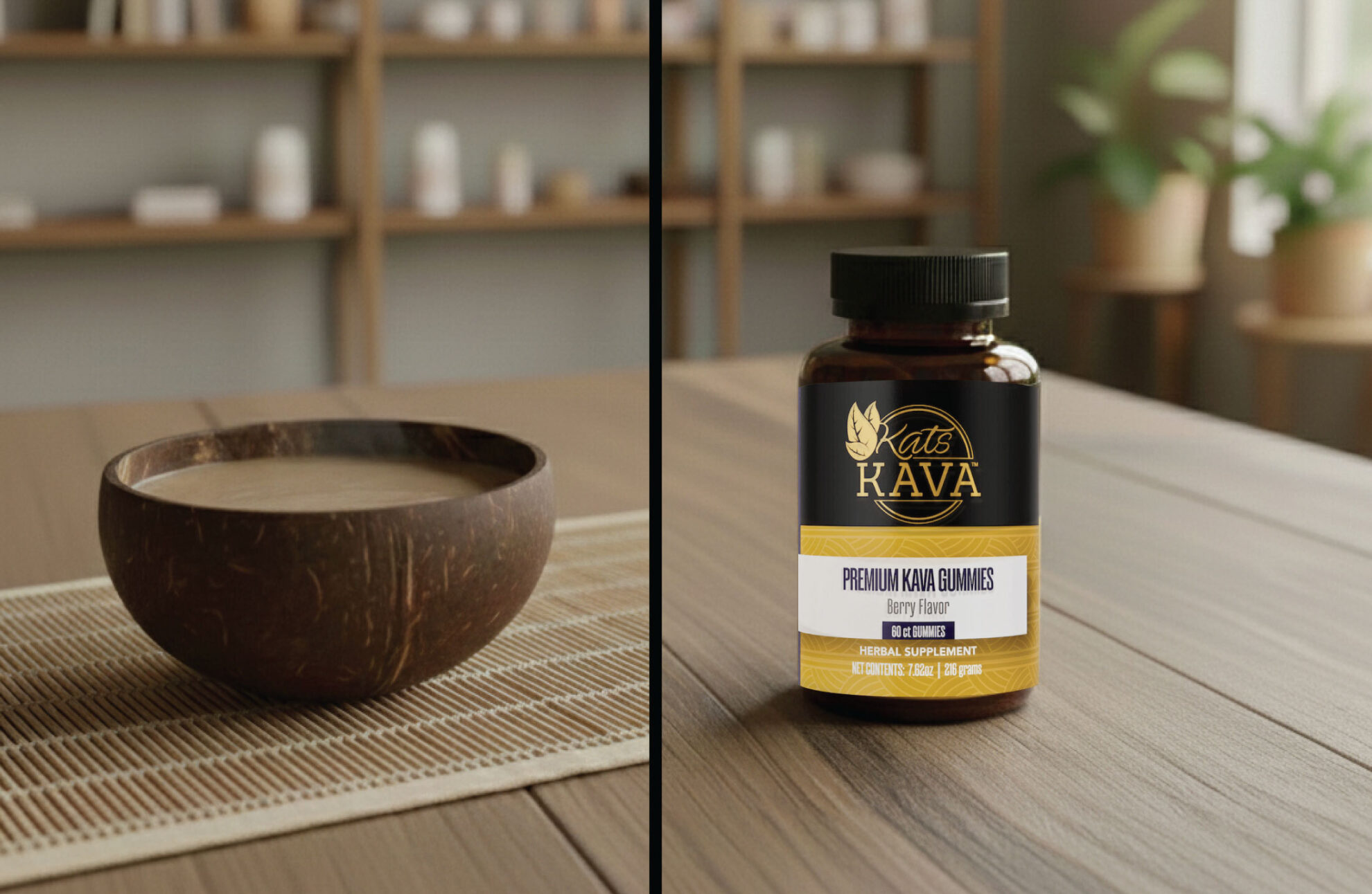  A coconut shell bowl filled with liquid sits on a mat, and a bottle labeled Kats Kava Premium Kava Gummies, Berry Flavor is on a wooden table in a softly lit room with shelves in the background.